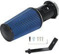 Cold air intake system: blue pleated filter with black intake pipe and bracket parts