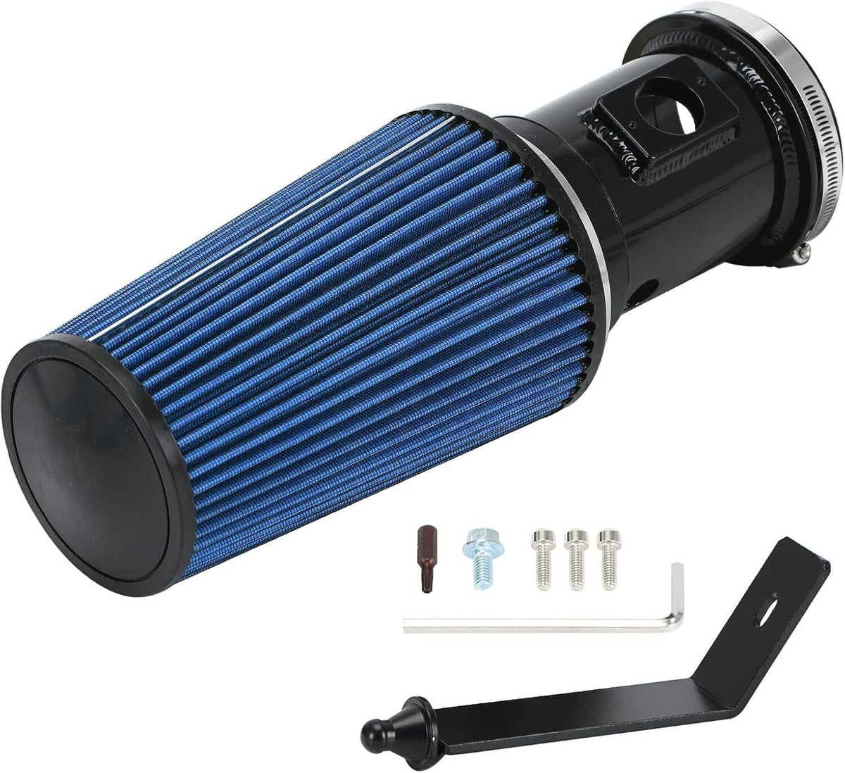 Cold air intake system: blue pleated filter with black intake pipe and bracket parts