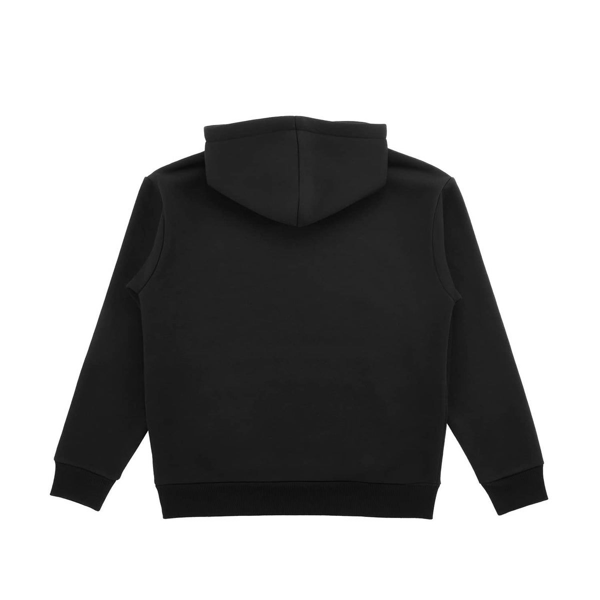 Black women's pullover hoodie back view with hood and sleeves