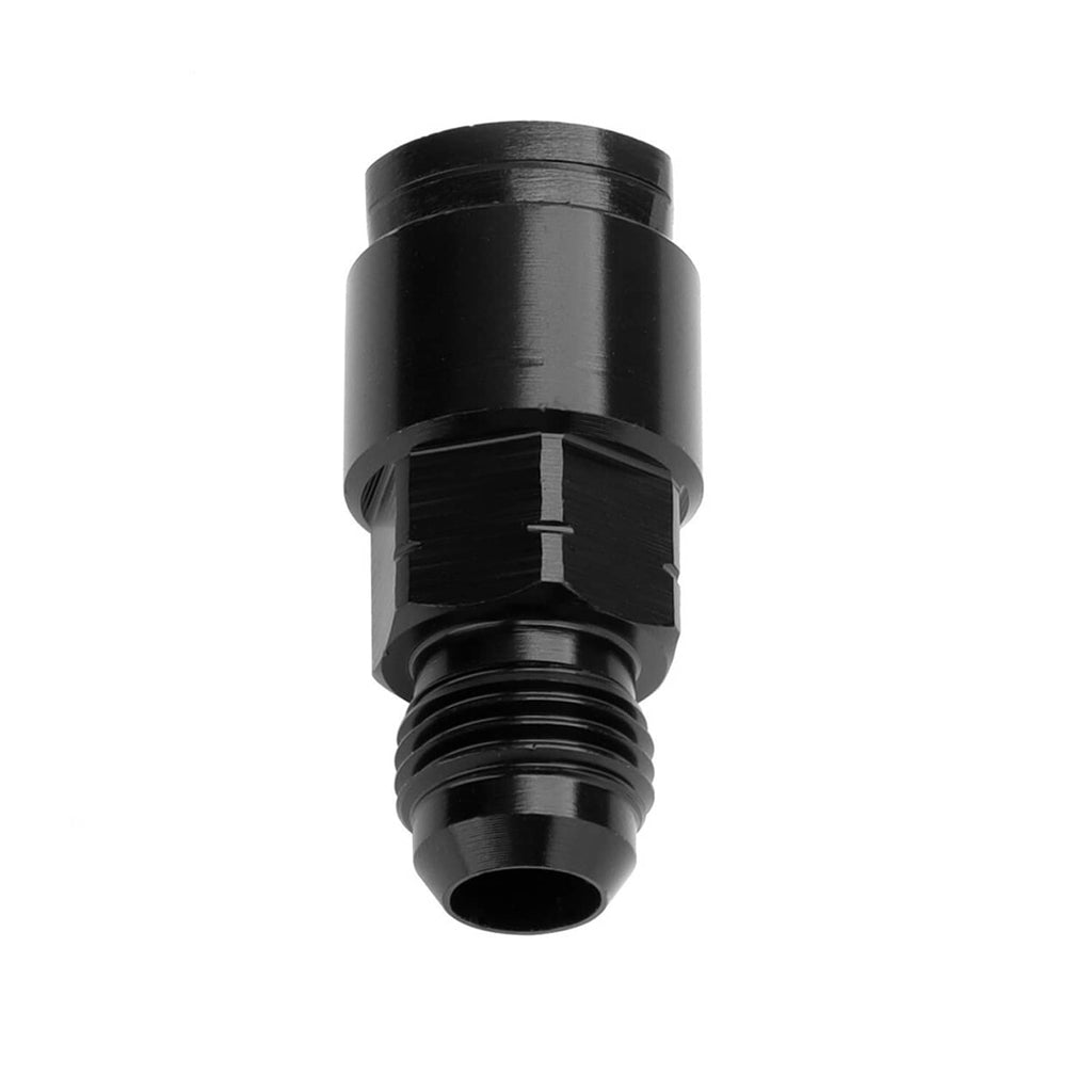 Black AN 8 fuel adapter fitting, angled view showing internal quick-connect opening