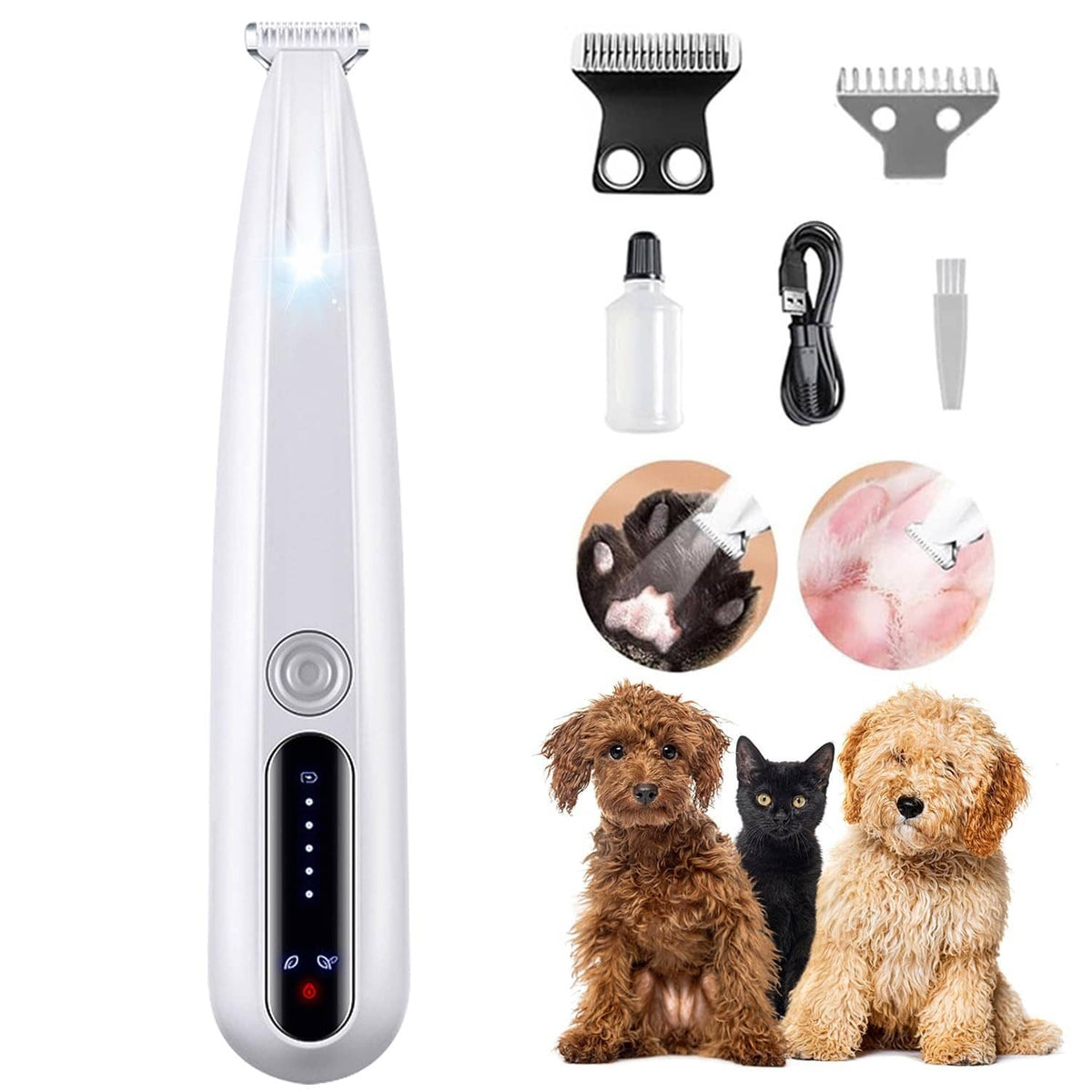 White pet precision trimmer with detachable guard and spare blades, shown with accessories