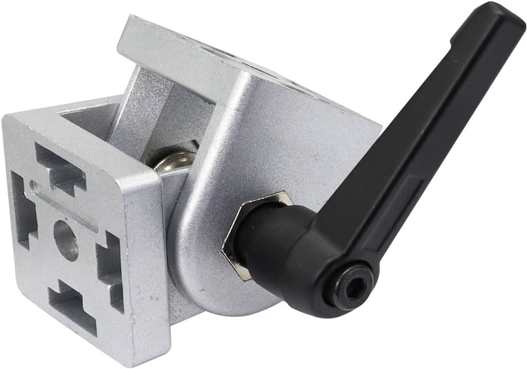 Aluminum extrusion pivot joint connector with black handle and metal mounting plate