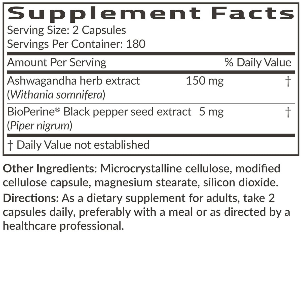 Supplement Facts panel: Ashwagandha extract and BioPerine black pepper seed extract