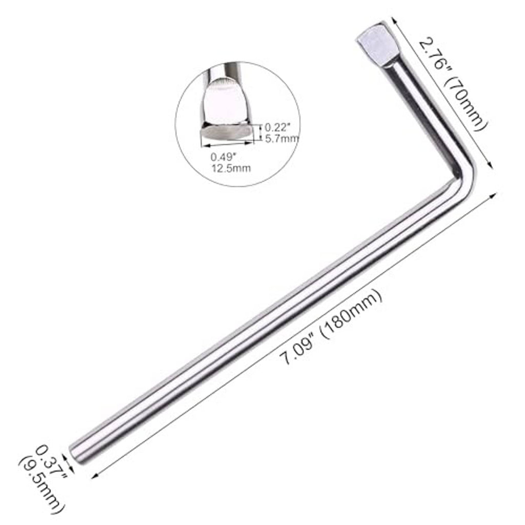 Chrome L-handle tire chain wrench, 7.09 in length with measurement details