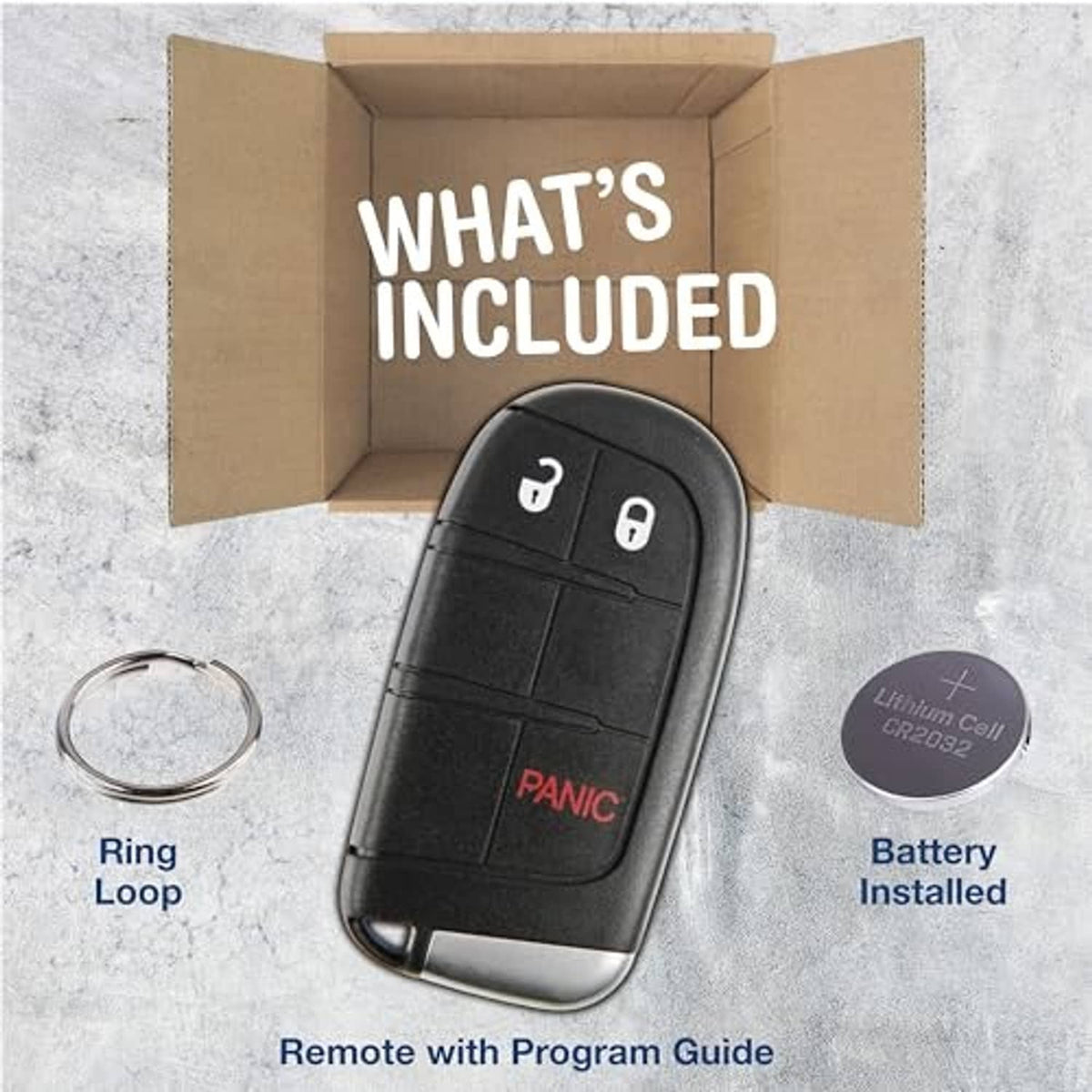 Black key fob with metal key blade, ring loop, and battery installed