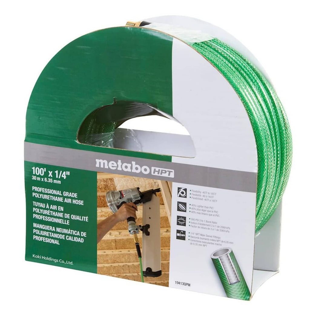 Metabo HPT 1/4 in x 100 ft green polyurethane air hose on retail spool packaging.