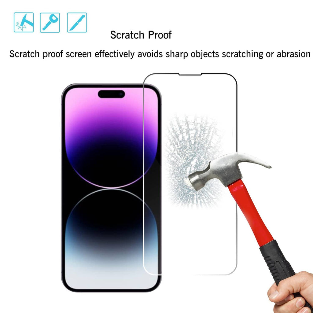 Tempered glass screen protector for iPhone 14/14 Pro next to scratch test hammer