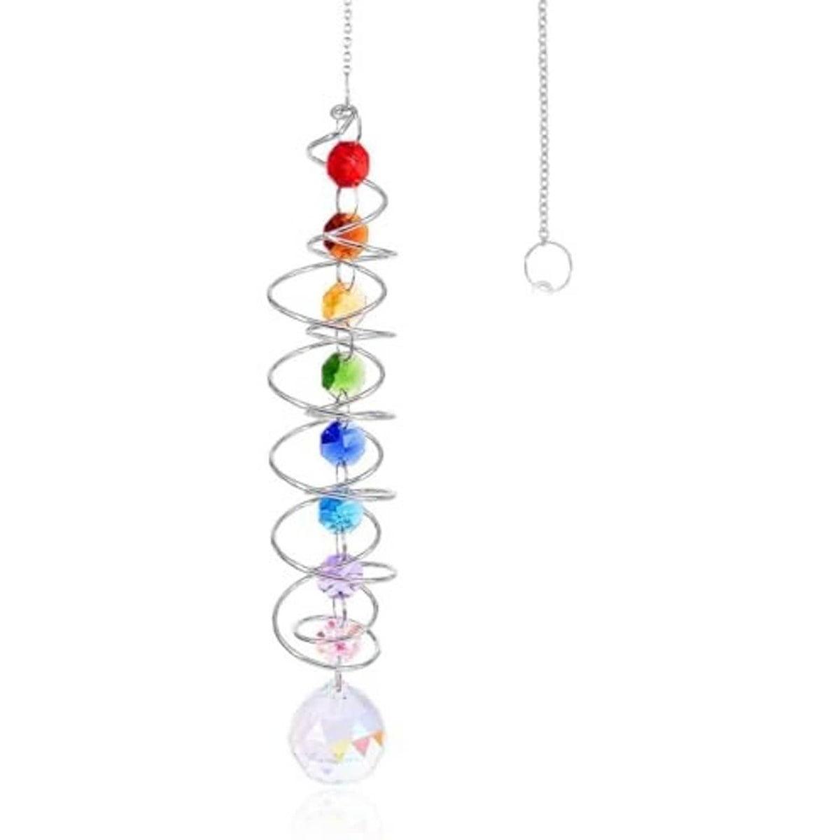 Hanging crystal wind spinner with spiral coil, multicolor beads, and a faceted prism ball.