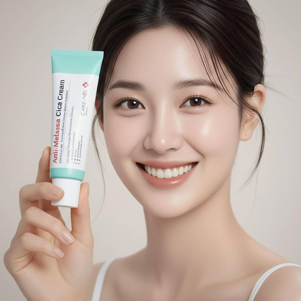Anti-melasma face cream tube held near cheek, teal-and-white packaging