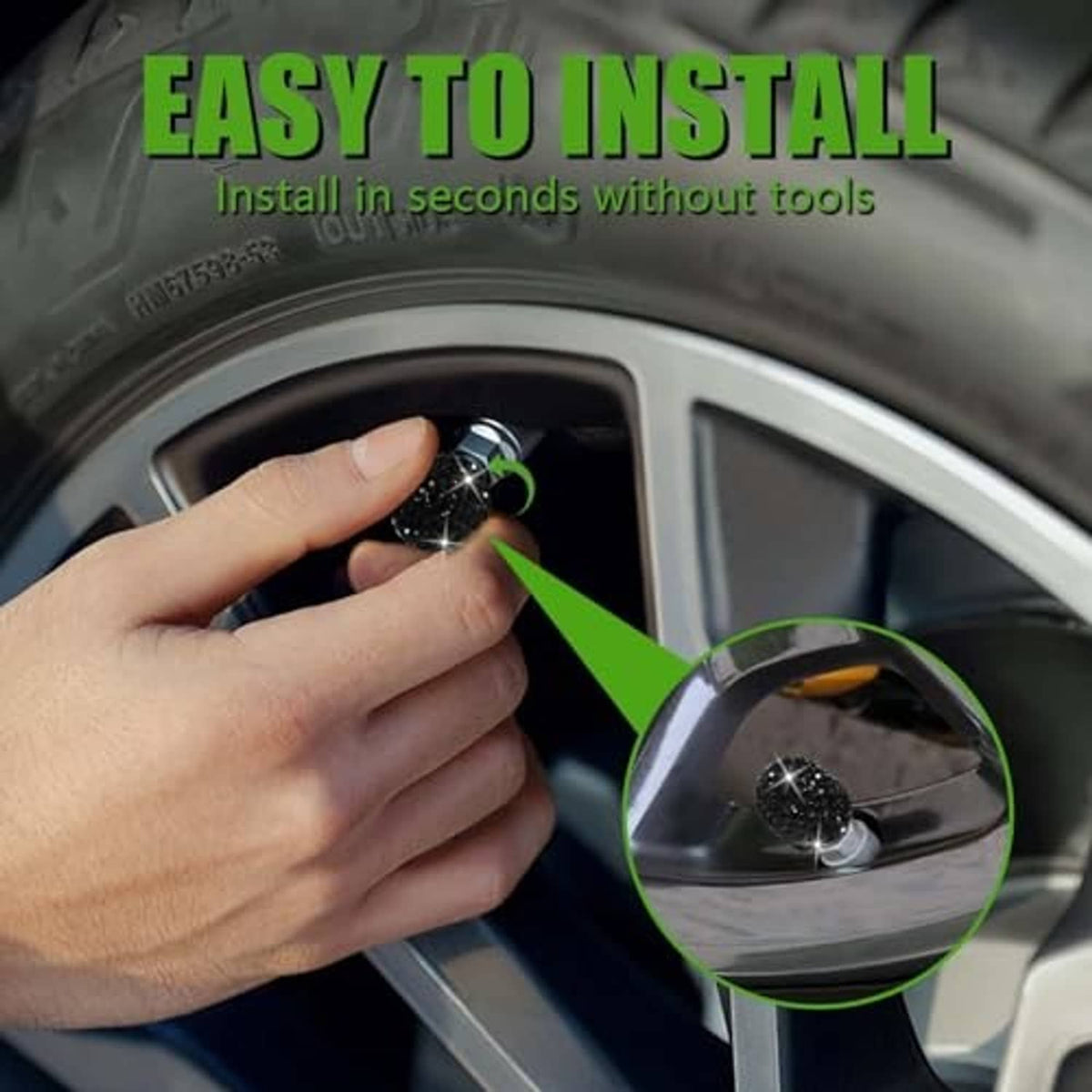Black rhinestone tire valve cap installed on car wheel by hand