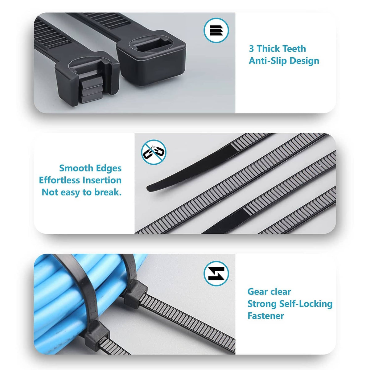 Black zip tie feature diagram: 3 thick teeth, smooth edges, self-locking