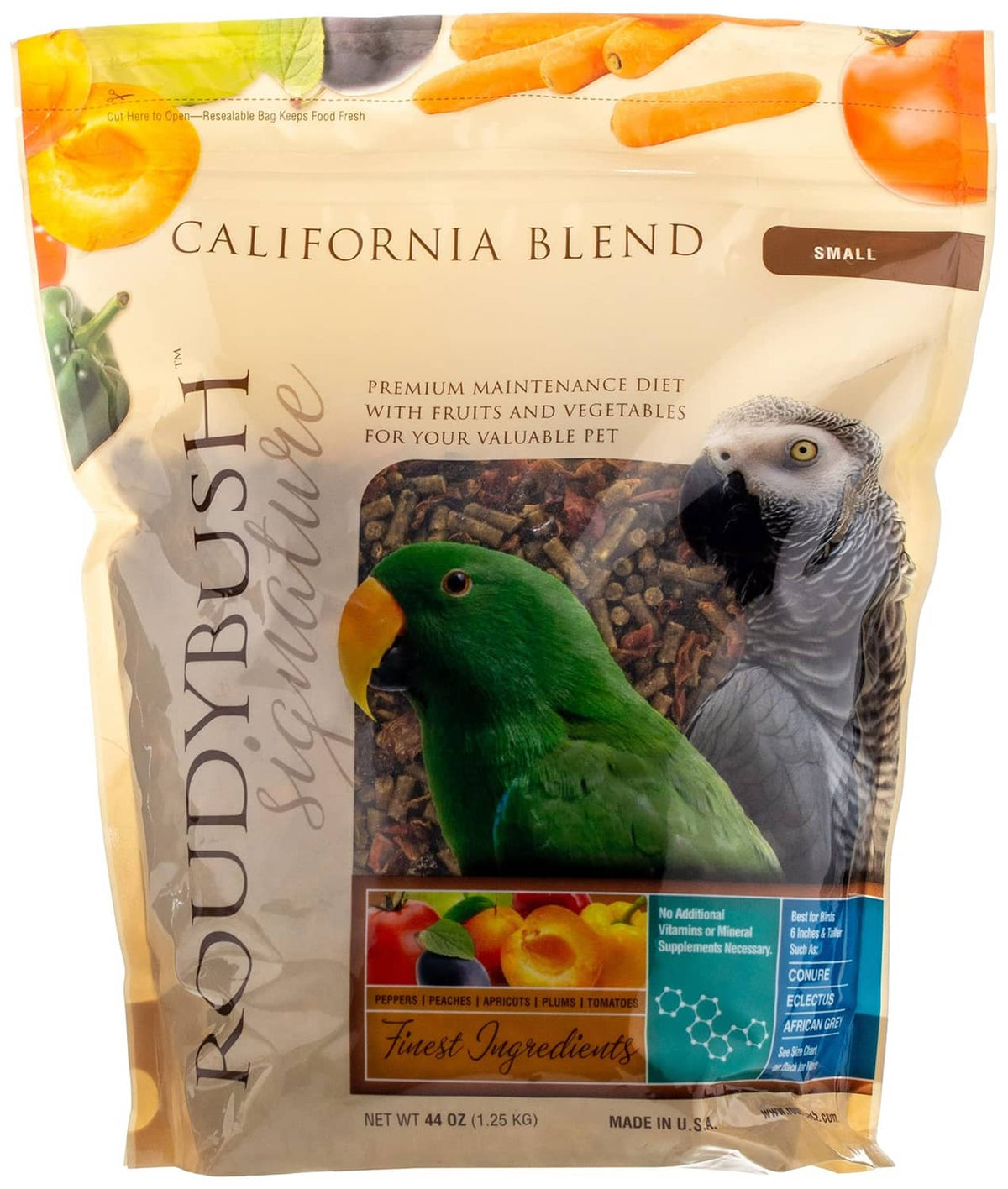Roudybush California Blend bird food pouch (Small, 44 oz) with parrot illustrations