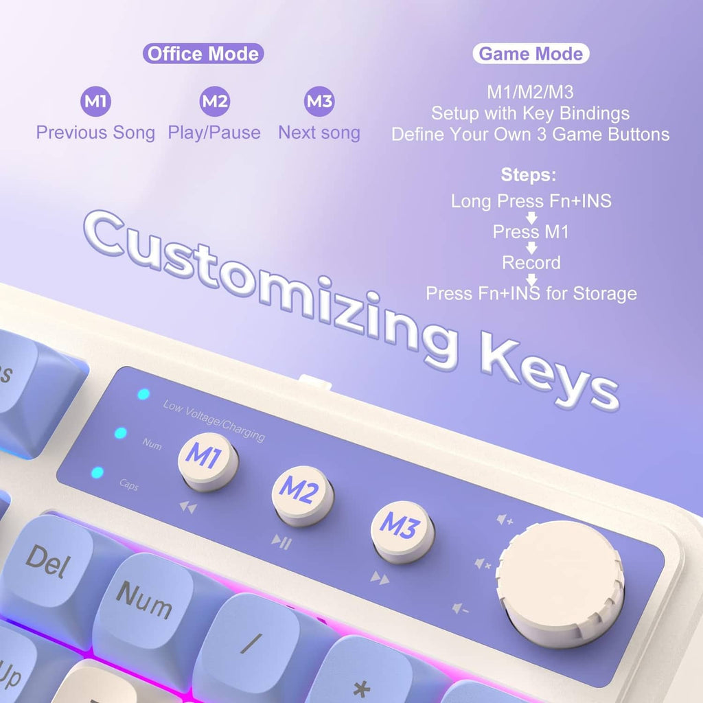 Gaming keyboard close-up with M1/M2/M3 buttons, large beige dial, RGB lighting