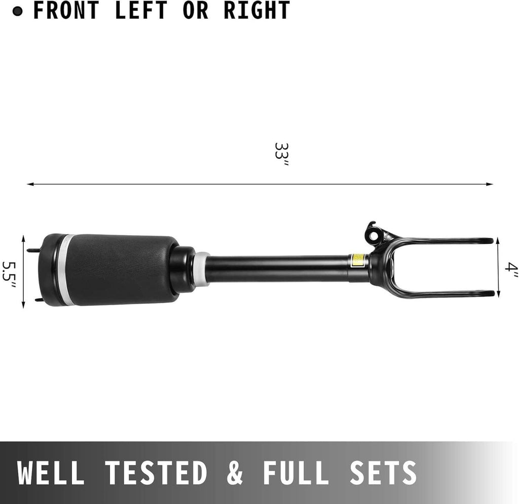 Side view of front air suspension strut with measurement arrows and fork top mount