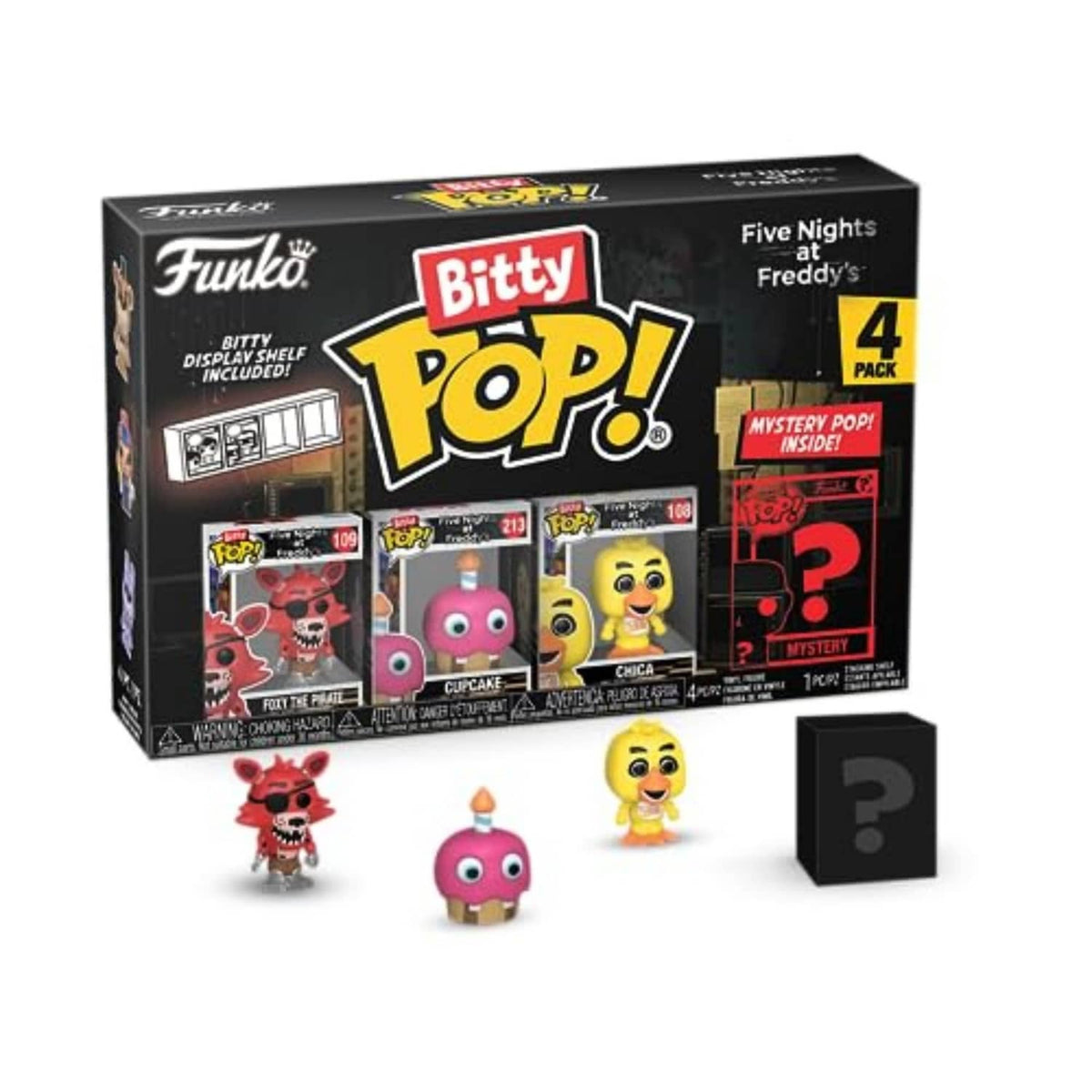 Funko Bitty Pop! 4-pack display box with three character figures and one mystery cube