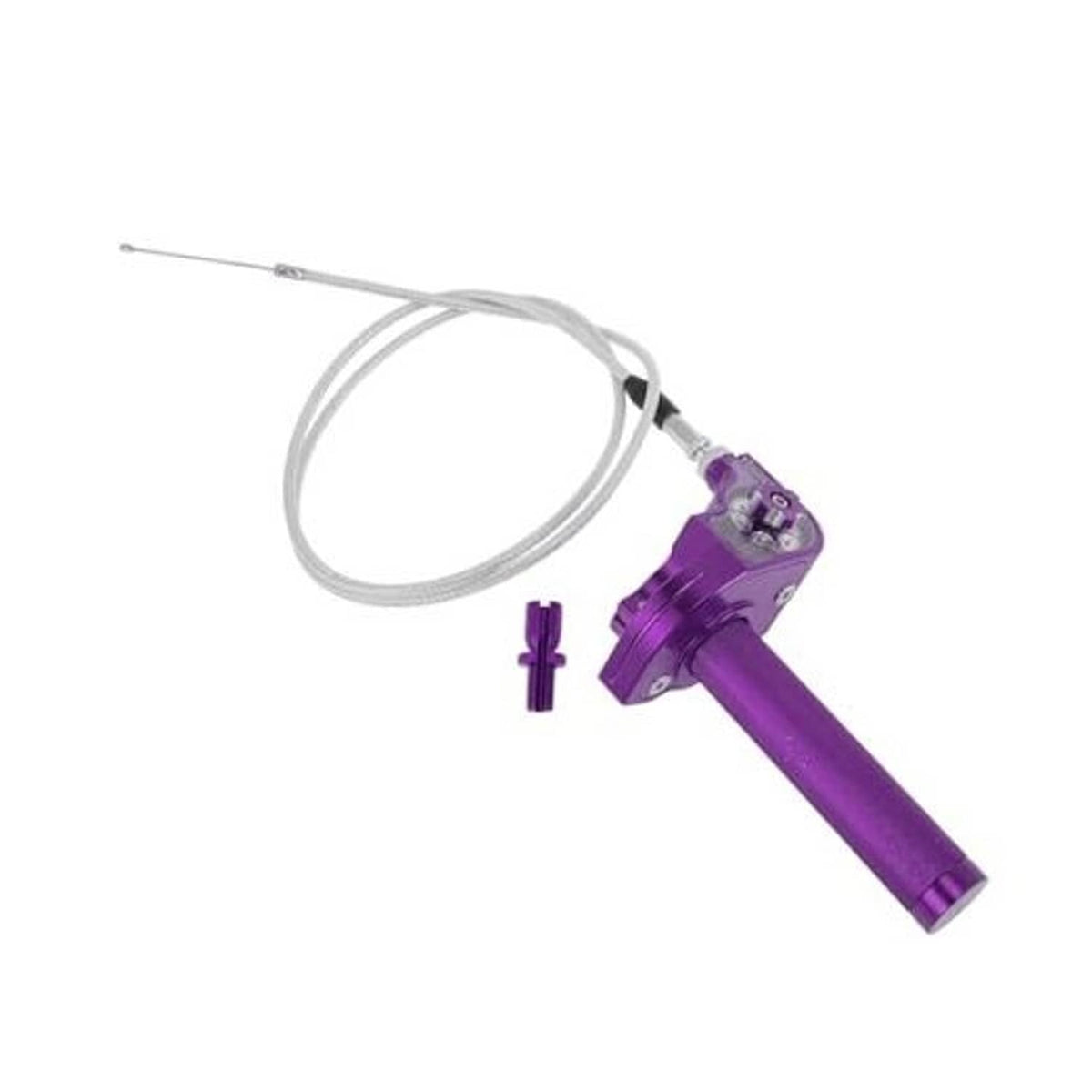 Purple motorcycle throttle grip with white throttle cable and black adjuster hardware