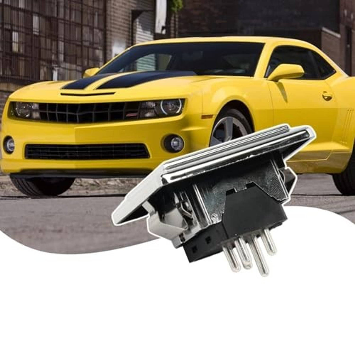Chrome window switch assembly with black housing and three metal connector pins