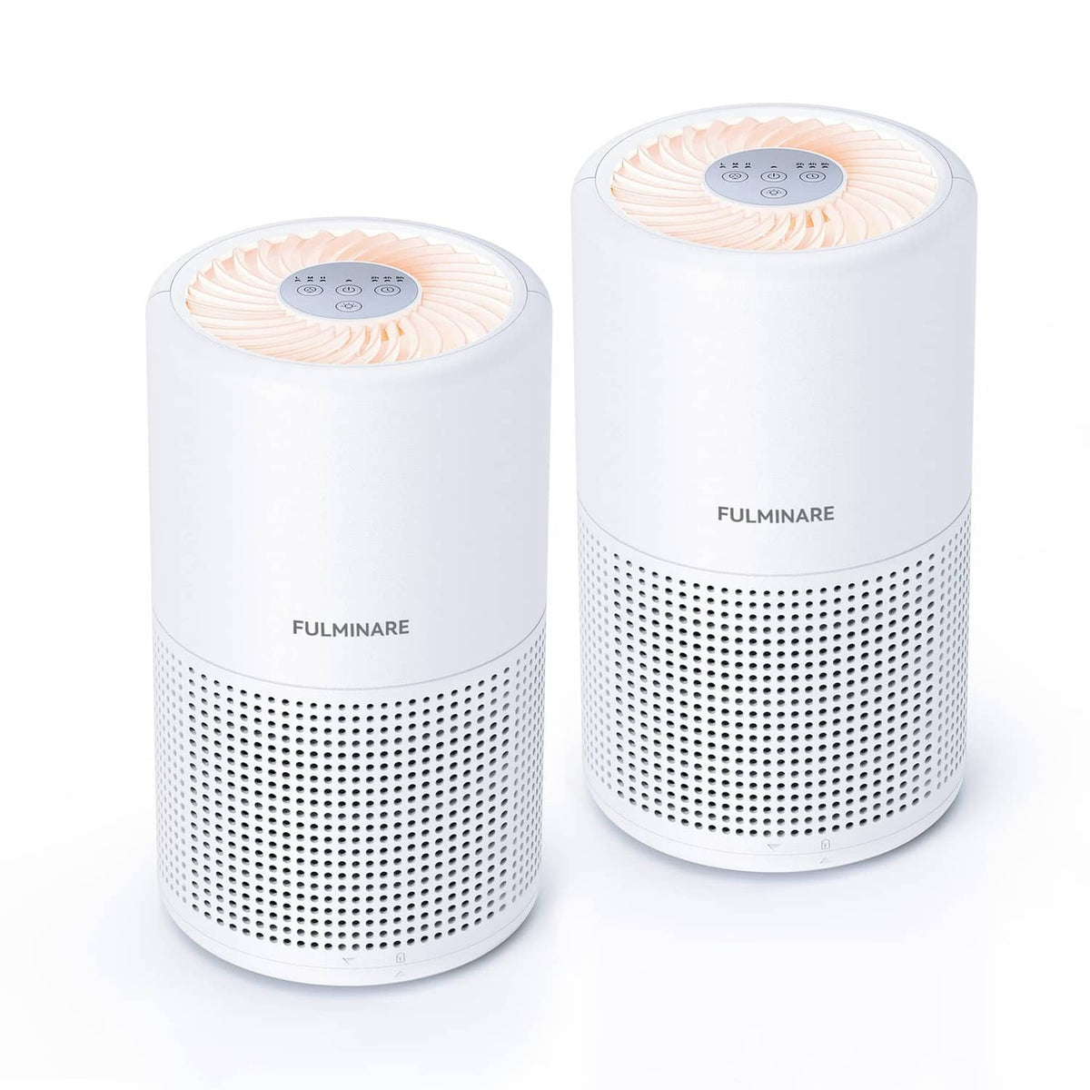 White cylindrical air purifier set with two units and top control panel.