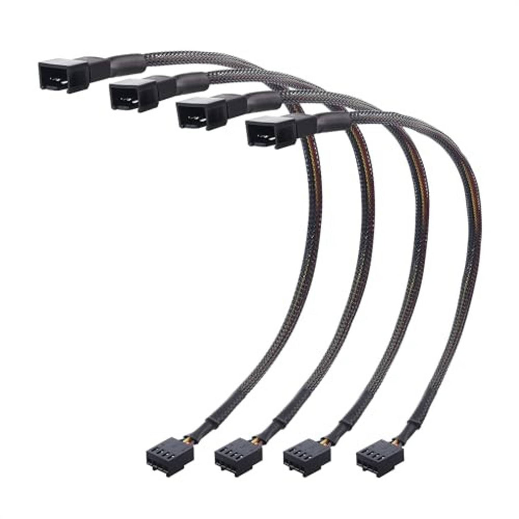 4-pin PWM fan extension cable with four braided leads and black 4-pin connectors