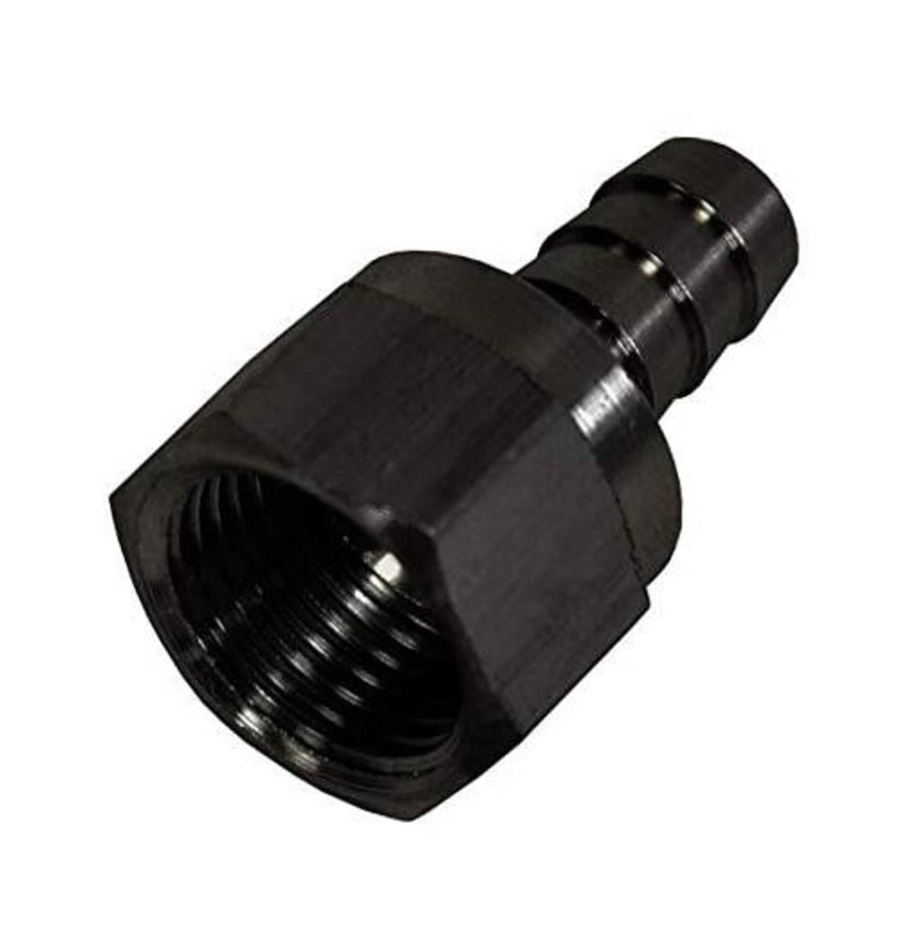 Derale AN swivel hose barb fitting with female threaded end, black finish