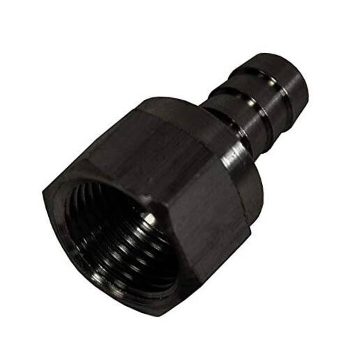 Derale AN swivel hose barb fitting with female threaded end, black finish