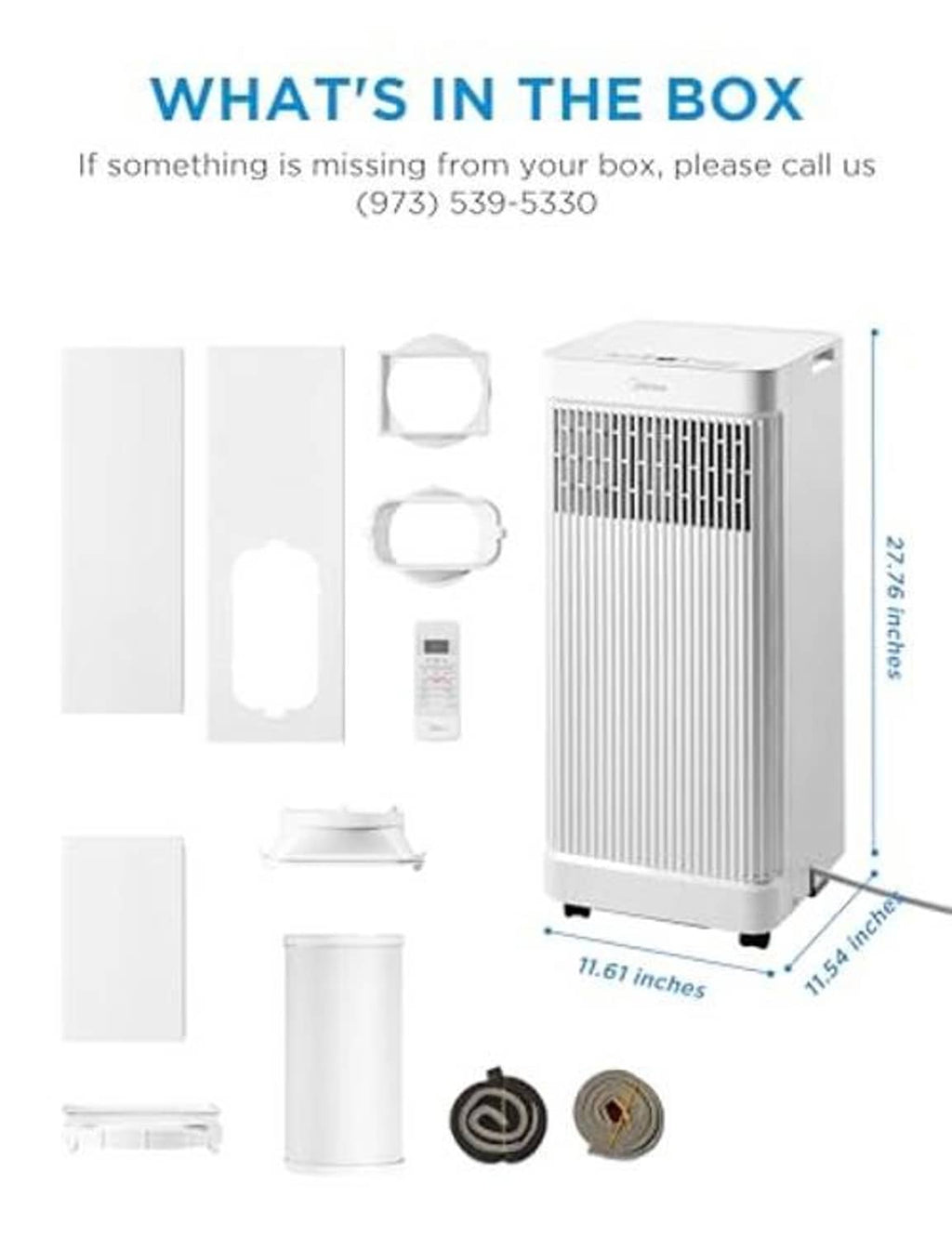 Portable air conditioner with included parts: window kit, hose, remote, and accessories