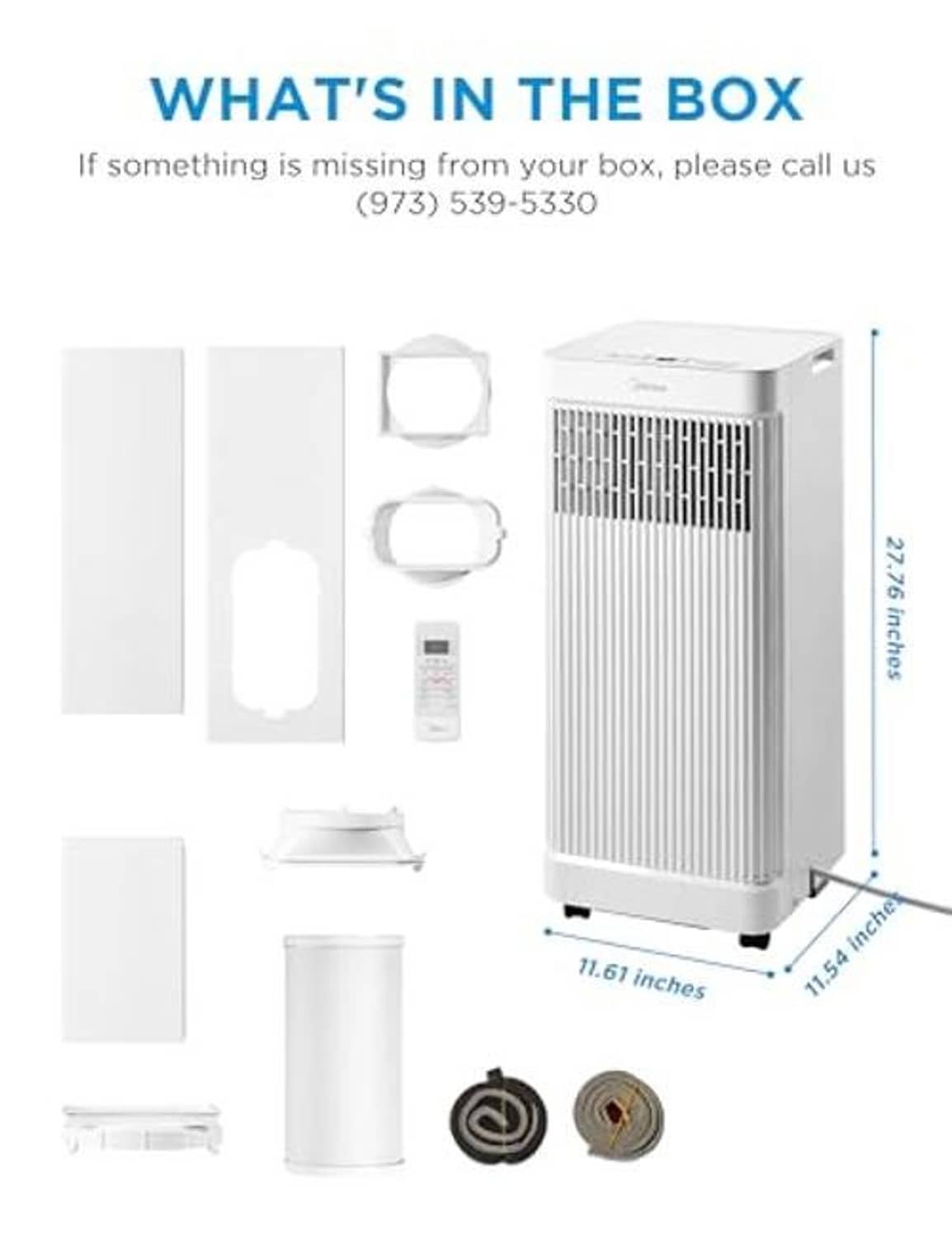 Portable air conditioner with included parts: window kit, hose, remote, and accessories