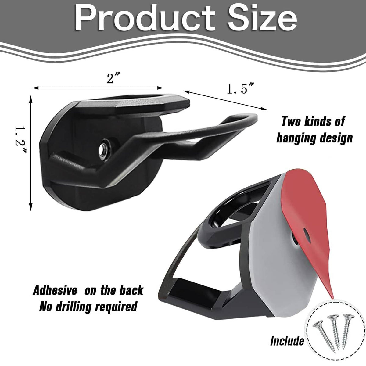 Black adhesive hat hook with mounting clip, shown with approximate 2 in size