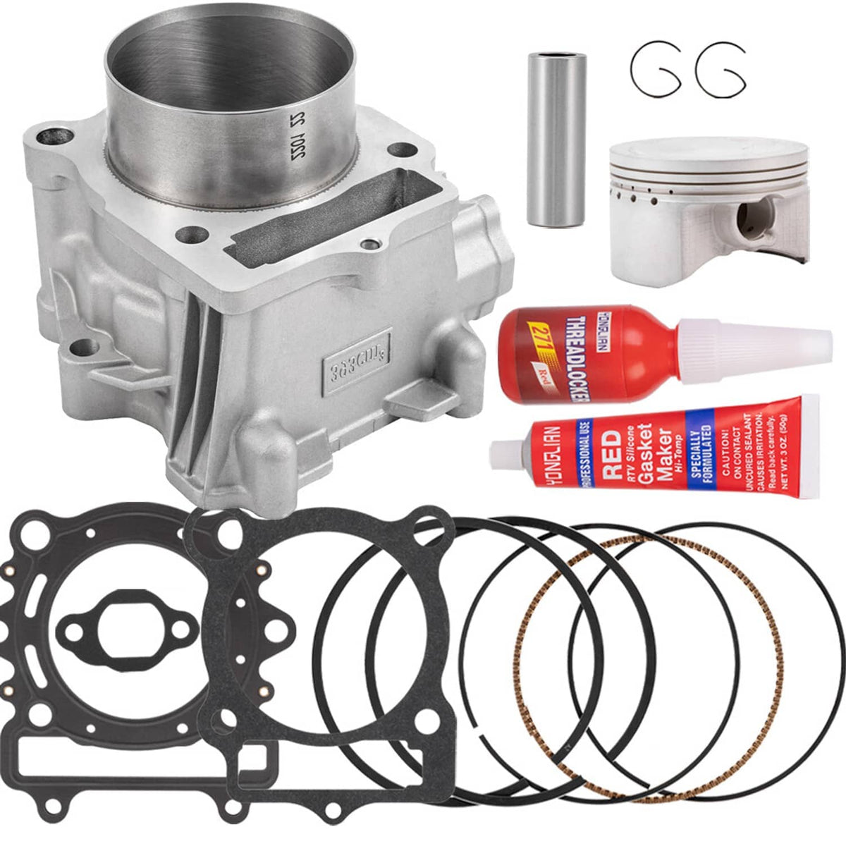 Aluminum cylinder and piston top end kit with piston rings, gaskets, and pin