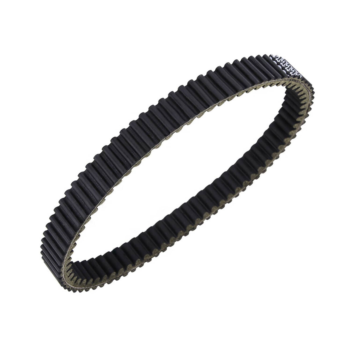Black ribbed drive belt segment with toothed edges and textured inner lining