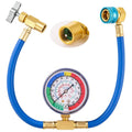 Blue AC refrigerant charging hose with brass fittings and pressure gauge, self-sealing valve