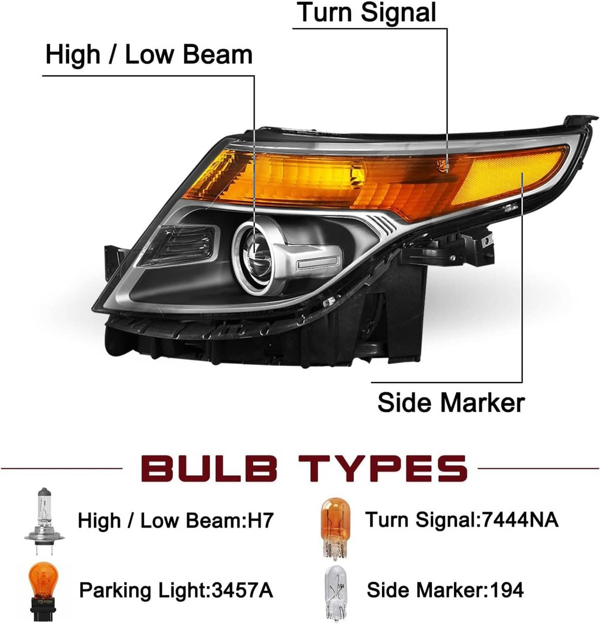 Projector headlight with amber turn signal strip, clear lens, and side marker