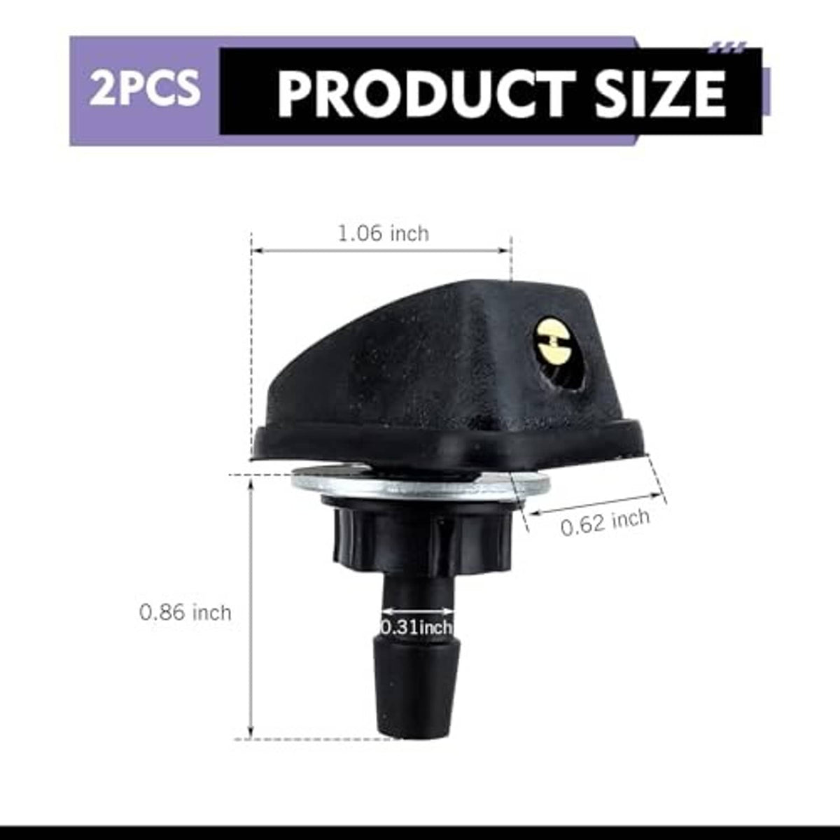 Black windshield washer nozzle with gold insert; visible size measurement markings