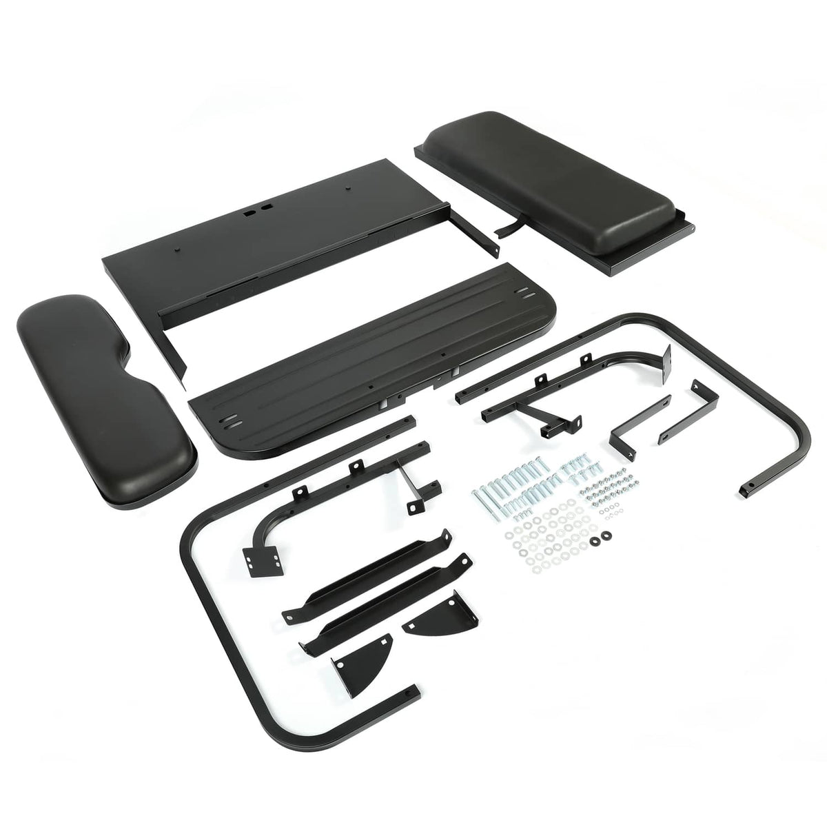 Rear seat kit parts set with black frame components, cushions, and mounting hardware