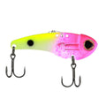 Blade bait fishing lure, lime green and pink body with treble hooks