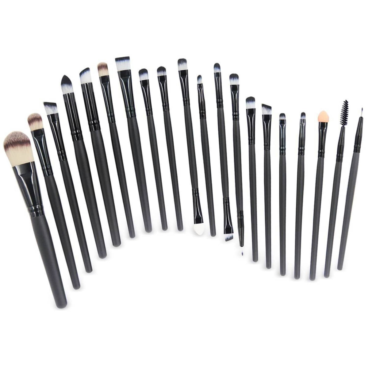 Curved rows of makeup brushes, black handles with beige and white bristle tips