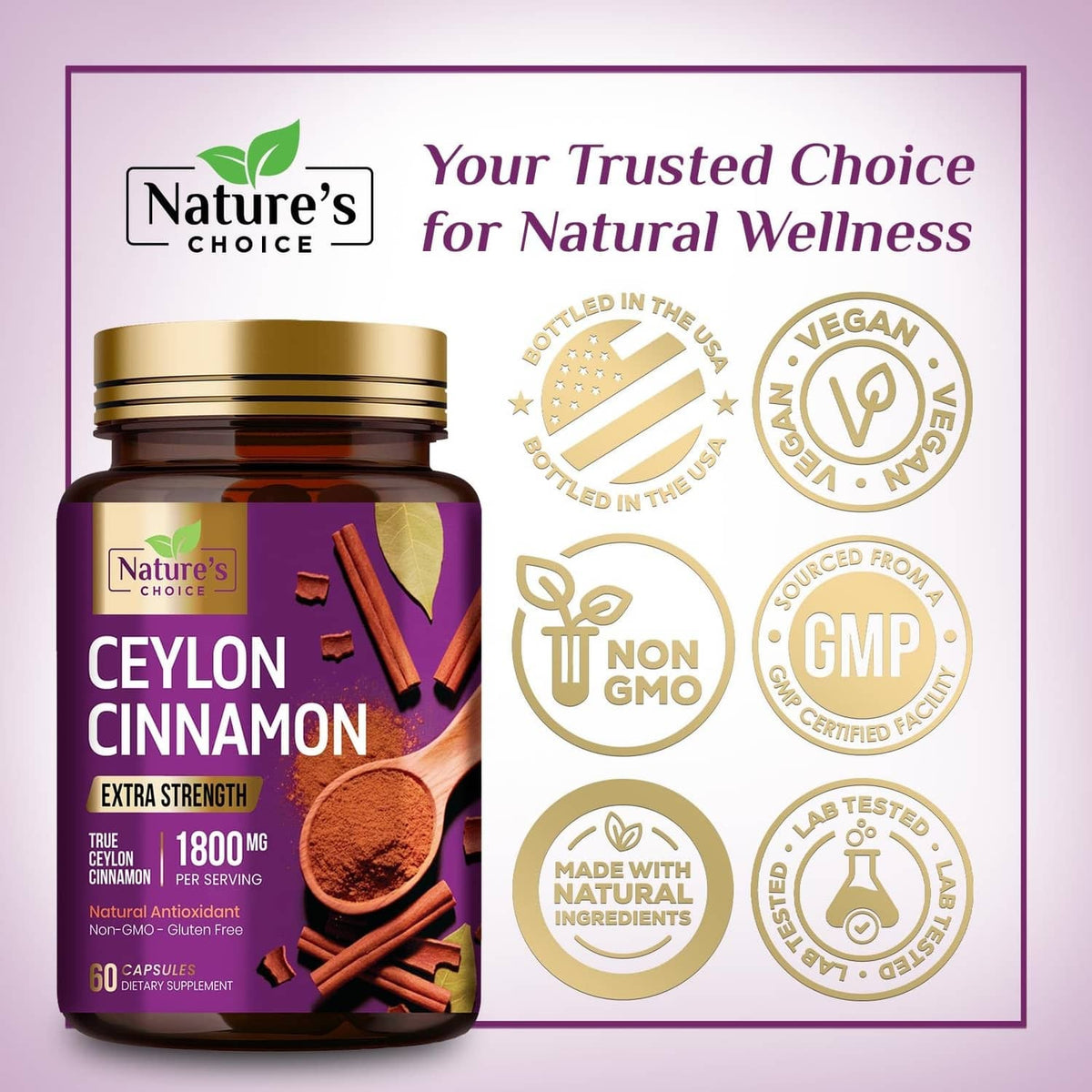 Ceylon cinnamon extra strength supplement bottle with vegan and GMP certification badges.