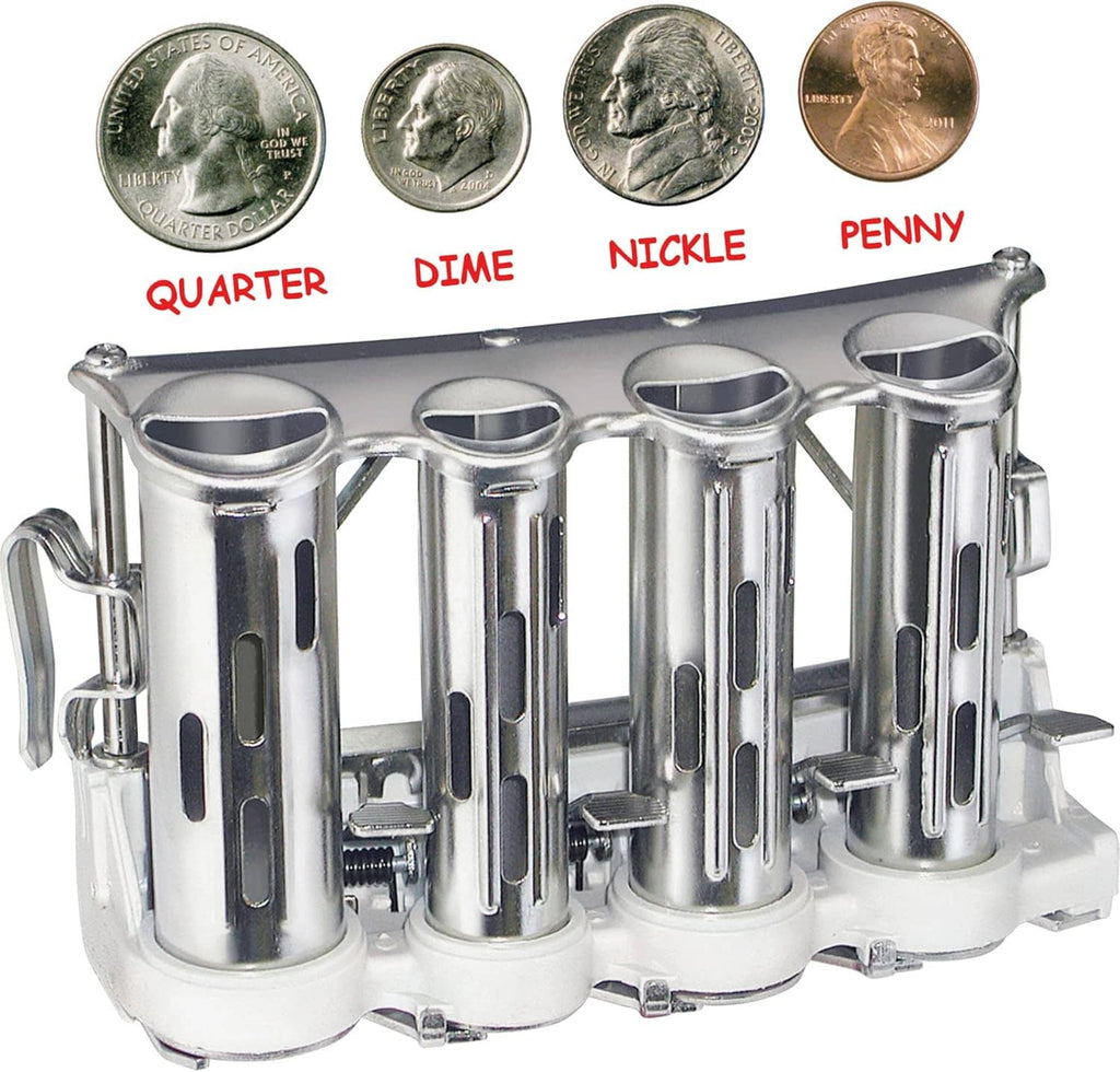 Four-barrel money changer with labeled US coins: quarter, dime, nickel, penny