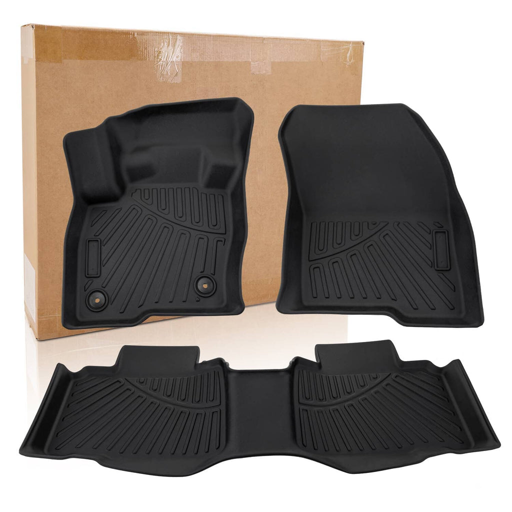Set of black molded car floor mats with raised ridges and anti-slip channels
