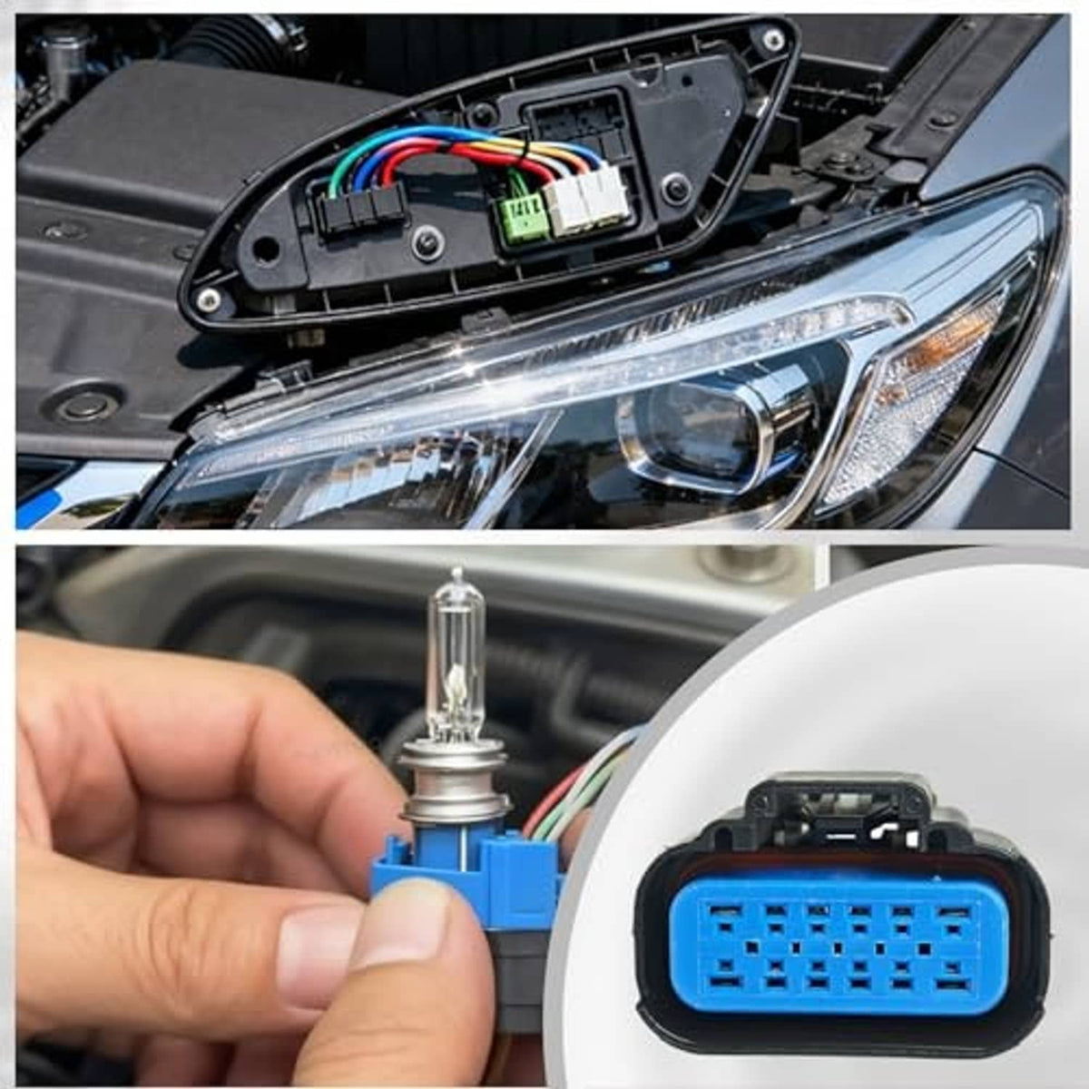 Headlight connector pigtail with black housing and multicolor wire harness in place