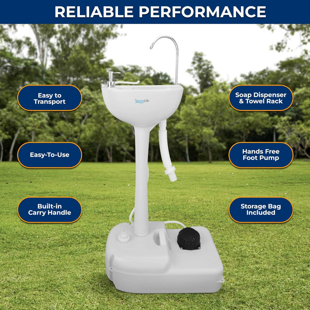 White portable hand wash sink station with faucet, foot pump, and base tank