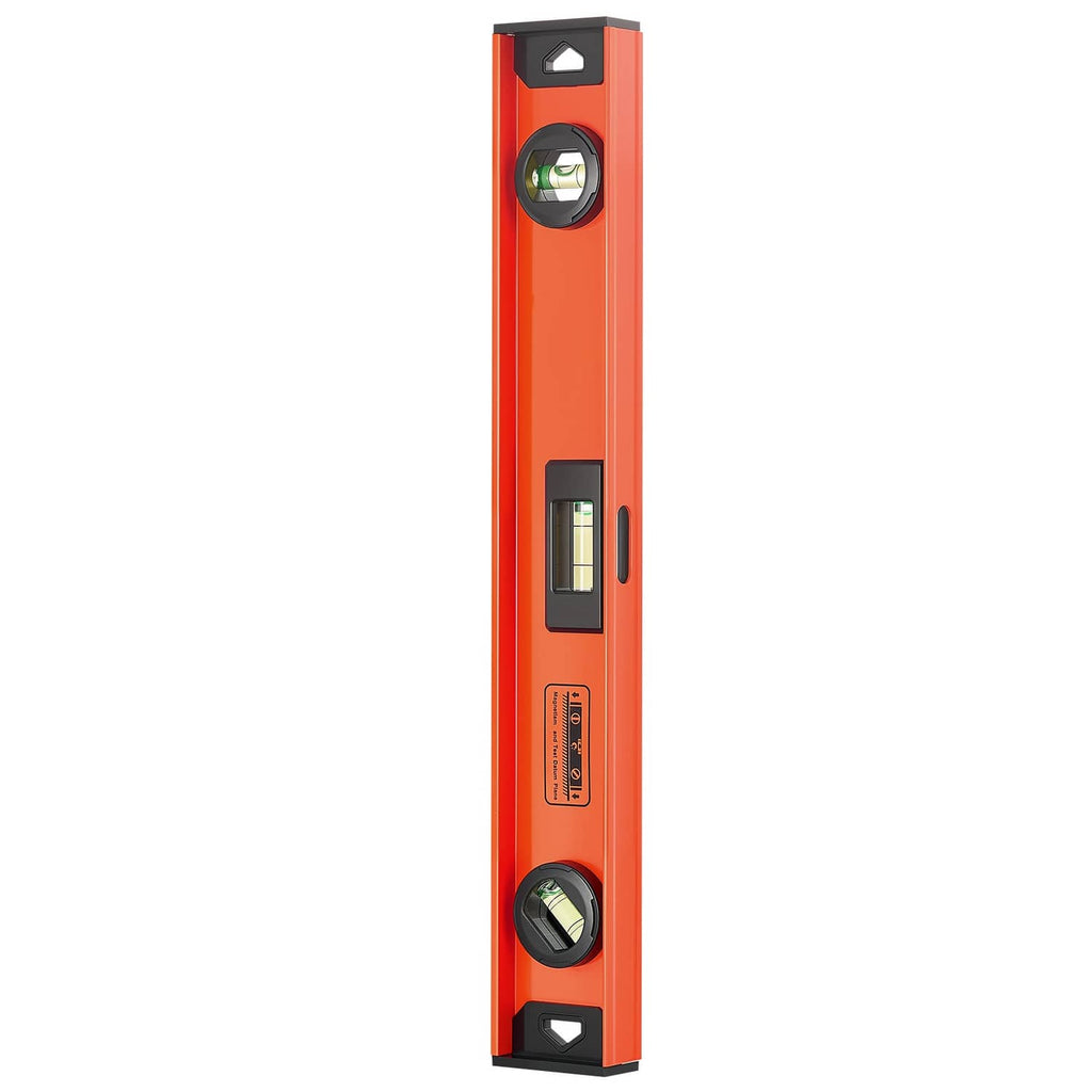 Orange magnetic I-beam level tool with vials and central measuring window