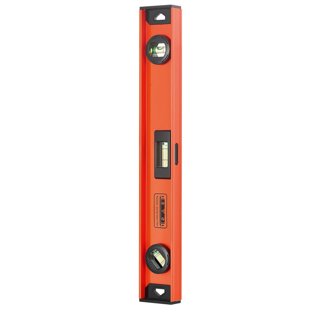 Orange magnetic I-beam level tool with vials and central measuring window