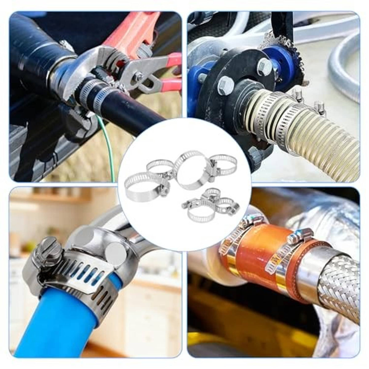 Assorted stainless steel hose clamps with screw housings and perforated band.