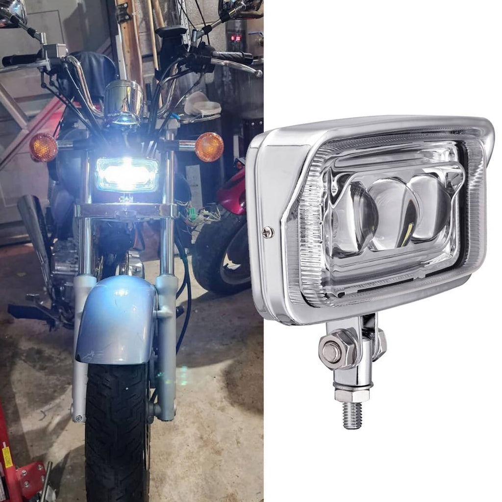 Chrome rectangular LED headlight mounted with metal brackets and visible lens housing