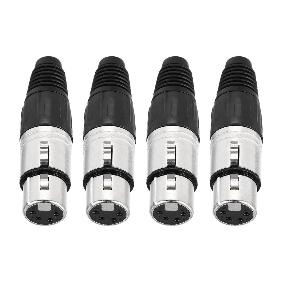 Four black-and-silver 4-pin XLR female connectors with threaded cable collars