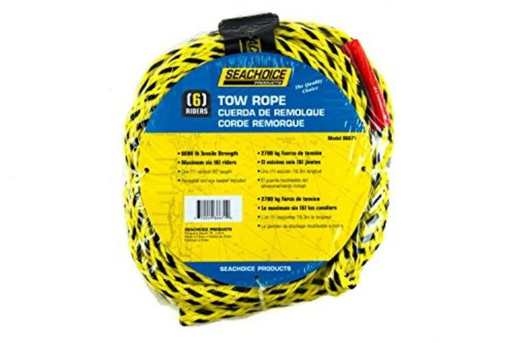 Yellow and black braided tow rope with blue product label on coiled spool