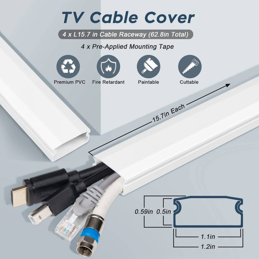 White PVC TV cable cover kit with pre-applied mounting tape and cut sections