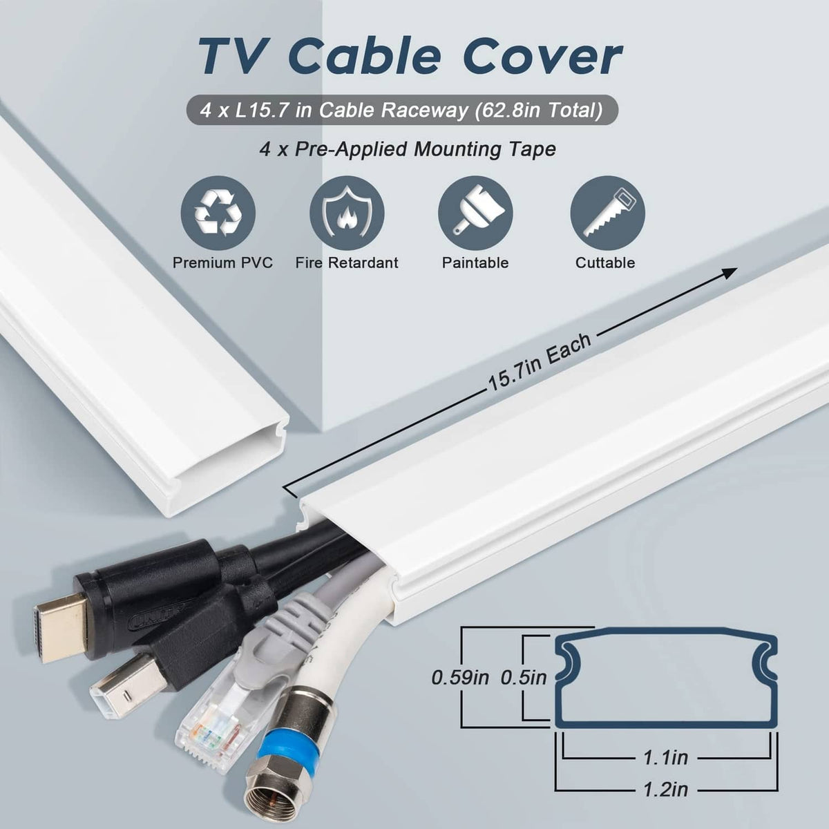 White PVC TV cable cover kit with pre-applied mounting tape and cut sections
