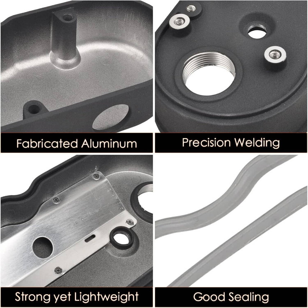 Aluminum valve cover construction with weld seams and sealing surface close-up